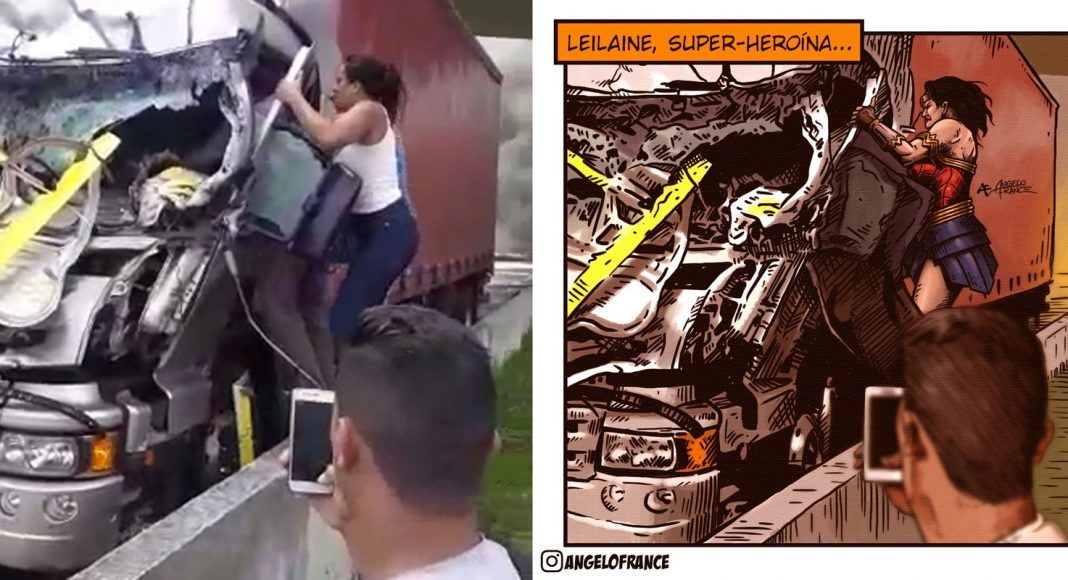 Artista desenha mulher que ajudou a tirar motorista após acidente com helicóptero de Boechat: 'Super-Heroína!'