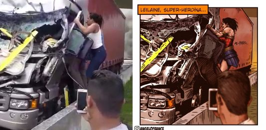 Artista desenha mulher que ajudou a tirar motorista após acidente com helicóptero de Boechat: 'Super-Heroína!'