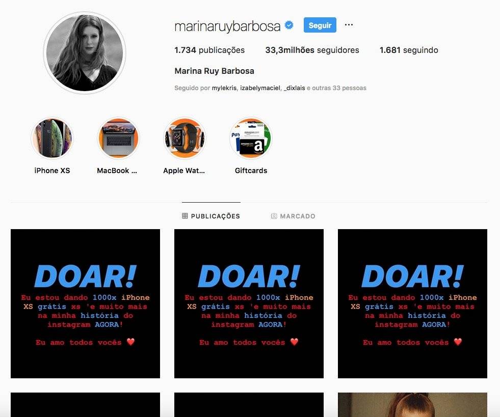 Perfil de Marina Ruy Barbosa no Instagram é hackeado e anuncia sorteio de celulares