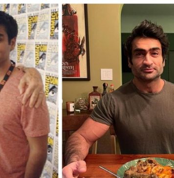 O ator Kumail Nanjiani antes e depois de sua transformação física para atuar em Os Eternos (Foto: Instagram)