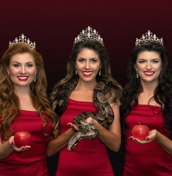 Imagem: Legenda: Mote “Um doce desejo” inspirou fotos da imperatriz Taís Munaretti (centro) e das princesas Gisele Rebelatto da Fonseca (esquerda) e Angélica Verruck (direita) com maçãs e jiboia de 1,80m/Crédito: Juliane Tonin/Femaçã
