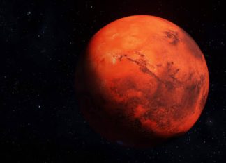 Mars planet 3D render illustration, high detailed surface features, martian red globe scientific background with stars in the background.