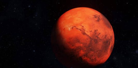Mars planet 3D render illustration, high detailed surface features, martian red globe scientific background with stars in the background.