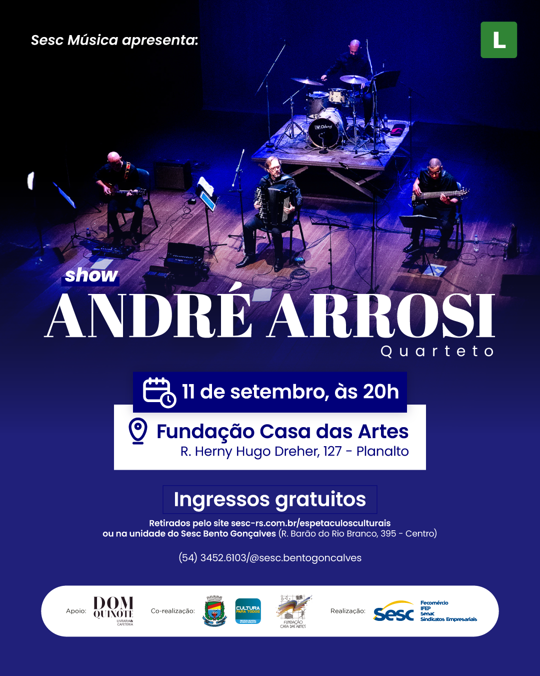 André Arrosi Quarteto leva música instrumental brasileira ao palco da Casa das Artes