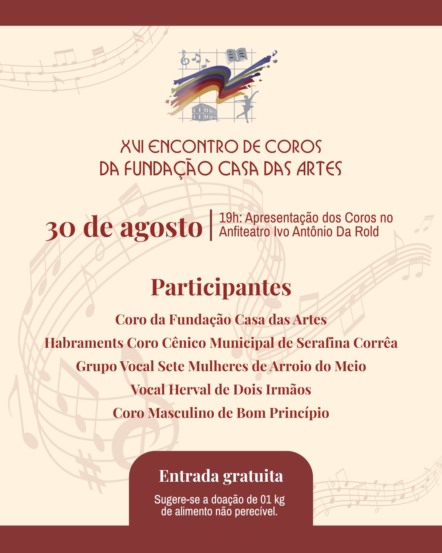 Encontro de Coros da Fundação Casa das Artes de Bento Gonçalves será no dia 30 de agosto