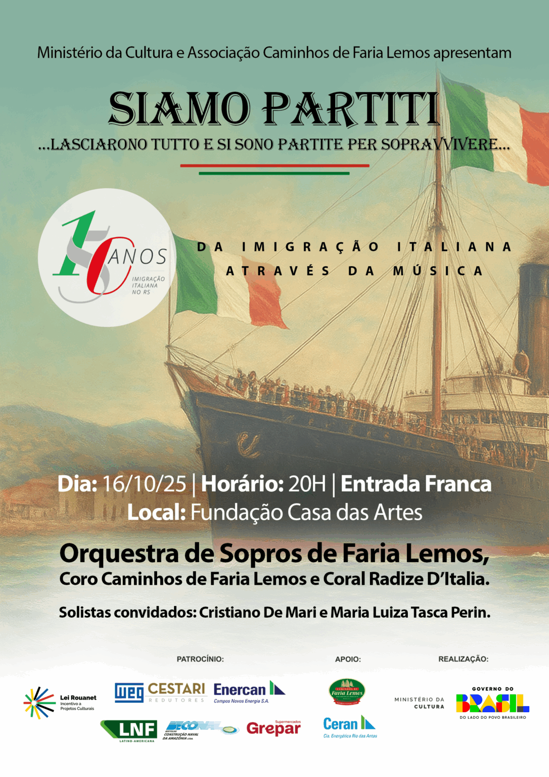 Espetáculo “Siamo Partiti” celebra a história através da música em Bento Gonçalves​
