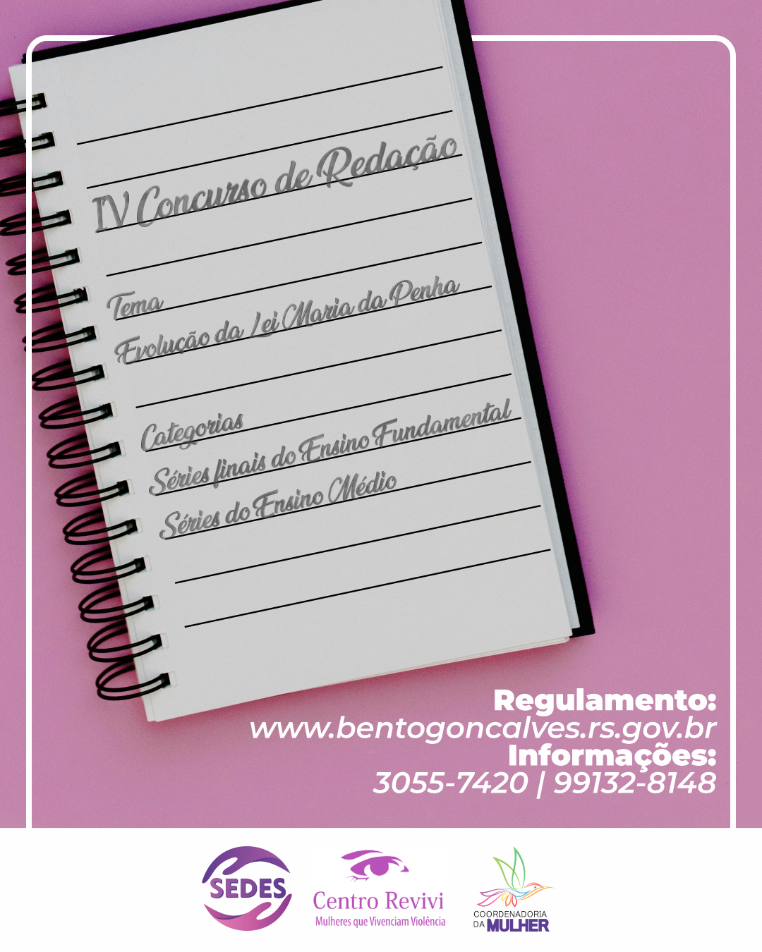 Coordenadoria da Mulher de Bento Gonçalves lança o "IV Concurso de Redação" Coordenadoria da Mulher de Bento Gonçalves lança o "IV Concurso de Redação"
