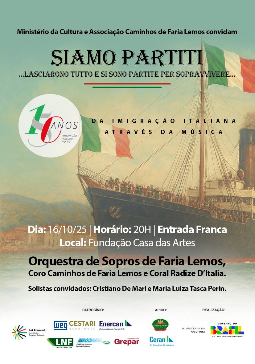 Espetáculo musical “Siamo partiti” estará na Casa das Artes de Bento Gonçalves