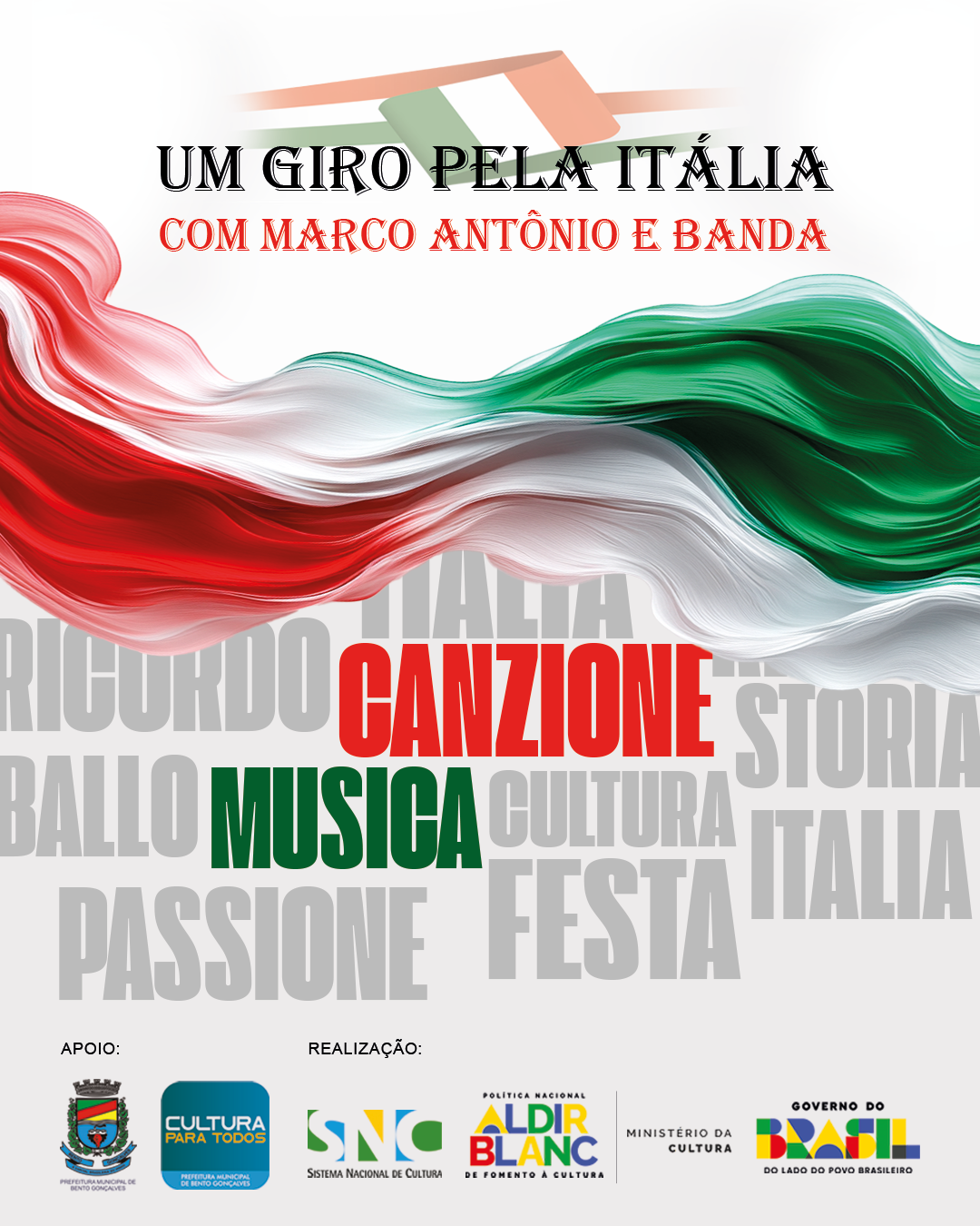 Projeto ‘Um Giro pela Itália com Marco Antônio e Banda’ celebra 150 anos da Imigração Italiana em Bento Gonçalves