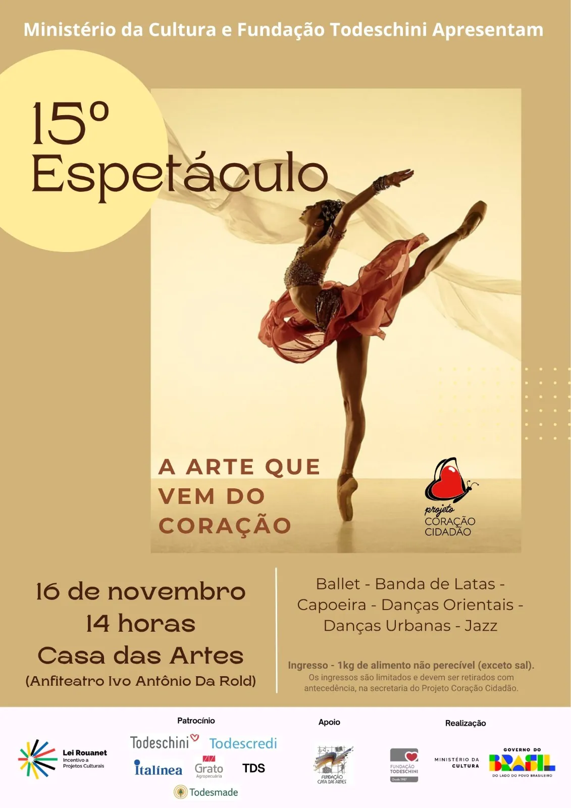 Projeto Coração Cidadão realiza Concerto e Espetáculo de Dança na Casa das Artes de Bento Gonçalves