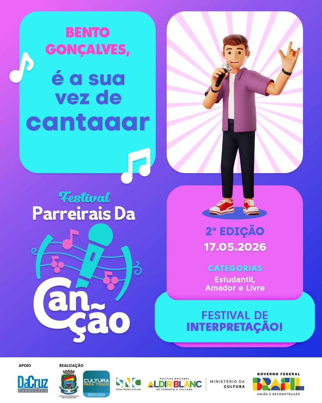2ª edição do Festival Parreirais da Canção abre inscrições em Bento Gonçalves